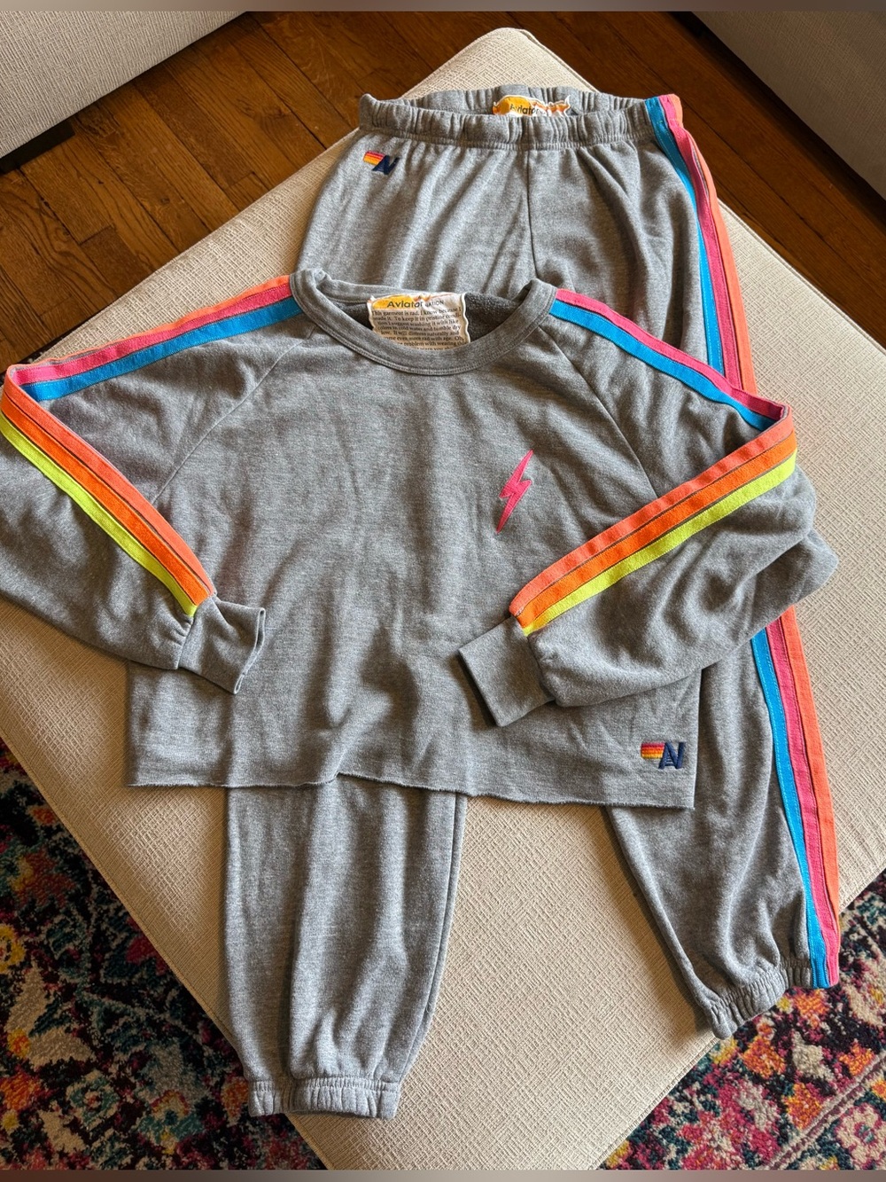 Aviator Nation Cropped Lightning Bolt Neon Stripes Hoodie and Sweatpants Set